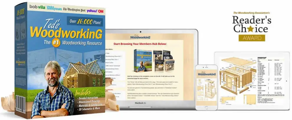 TedsWoodworking package box with laptop, phone and tablet showing woodworking plans